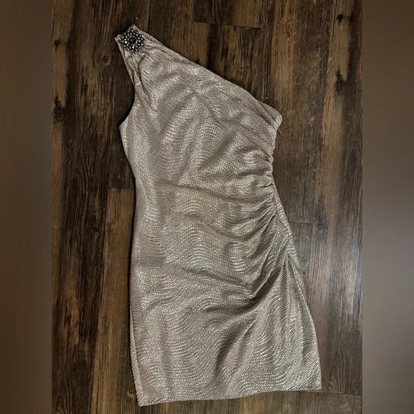 Maggy London | Dresses | Gold Ruched One Shoulder Cocktail Dress | Poshmark